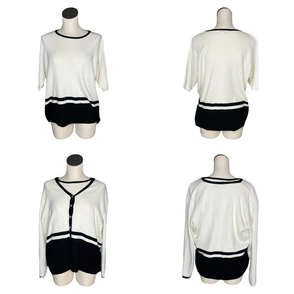 Vintage August Max Woman Cardigan Short Sleeve Top Set Off White Black Size X - Picture 3 of 13